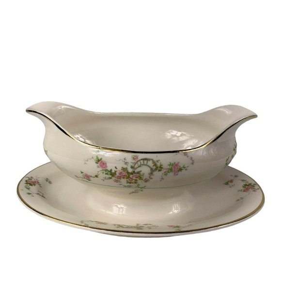 Pope Gosser Gwendolyn Gravy Boat Underplate Pink Roses Gray Scrolls Vintage - Picture 5 of 12